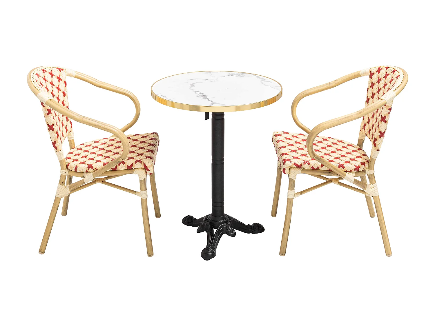 Ensemble table de terrasse marbre blanc et 2 chaises rouge