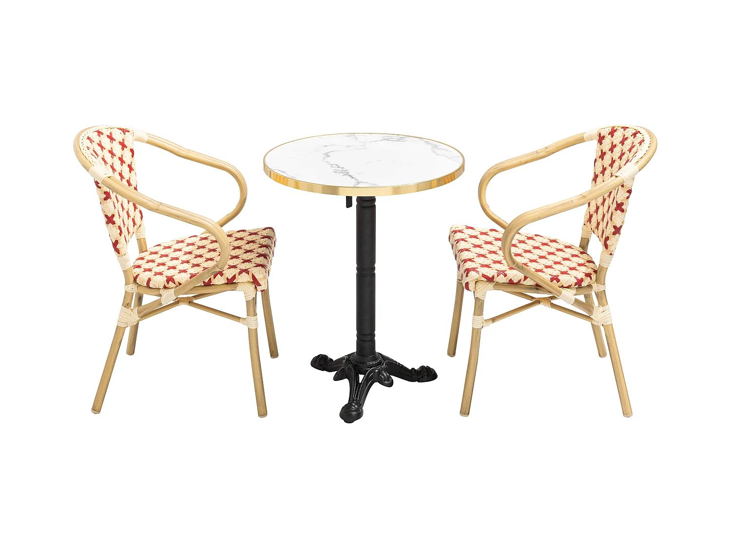 Ensemble table de terrasse marbre blanc et 2 chaises rouge