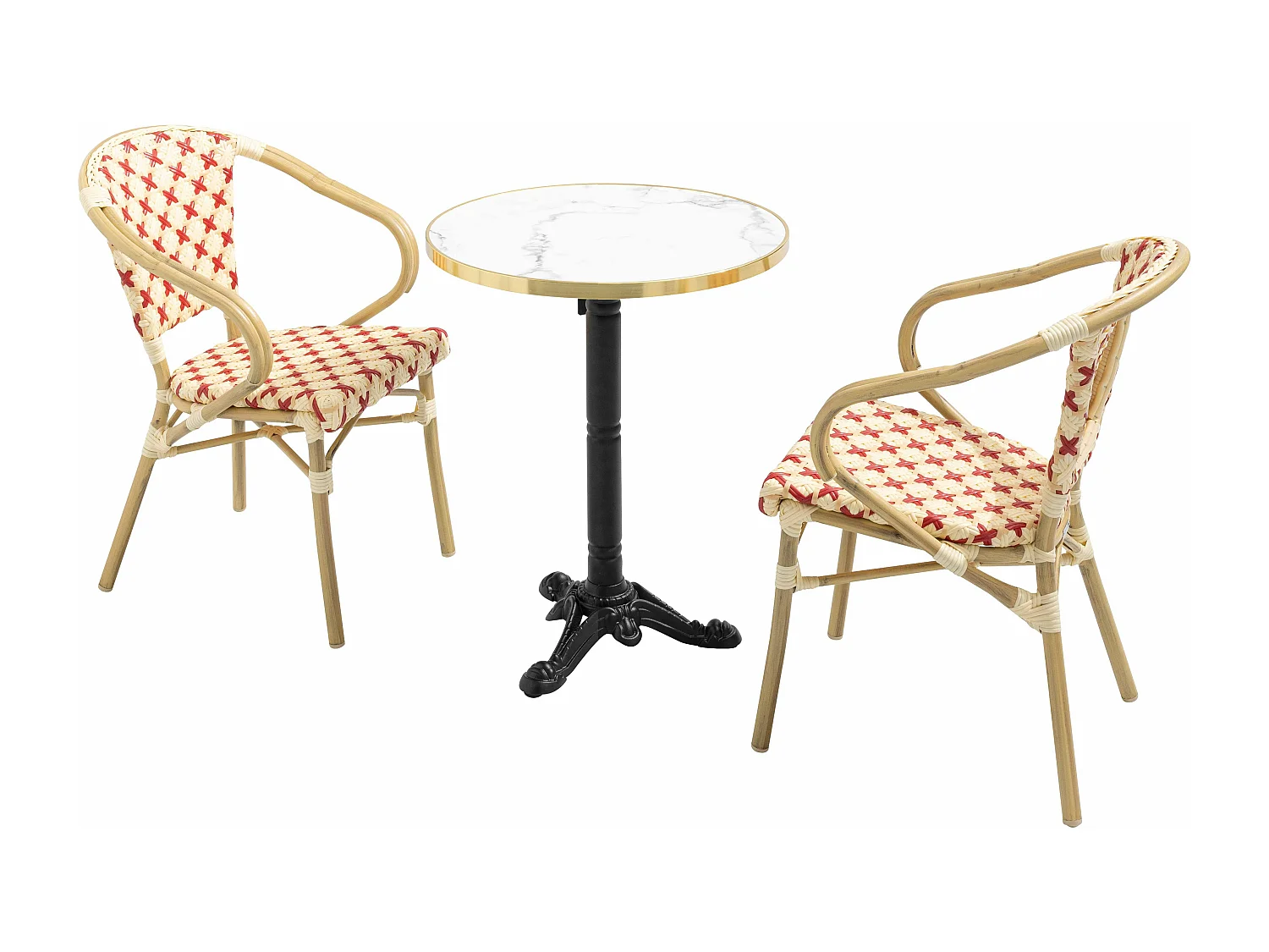 Ensemble table de terrasse marbre blanc et 2 chaises rouge