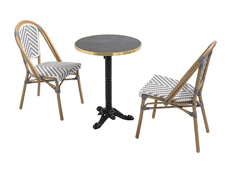 Ensemble table de terrasse marbre noir et 2 chaises