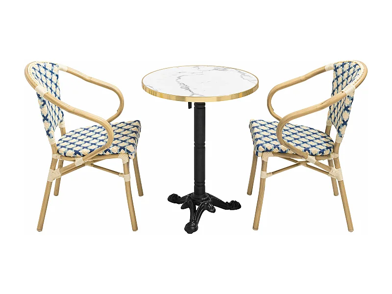 Ensemble table de terrasse marbre blanc et 2 chaises bleu