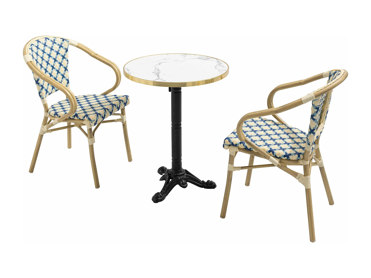 Ensemble table de terrasse marbre blanc et 2 chaises bleu