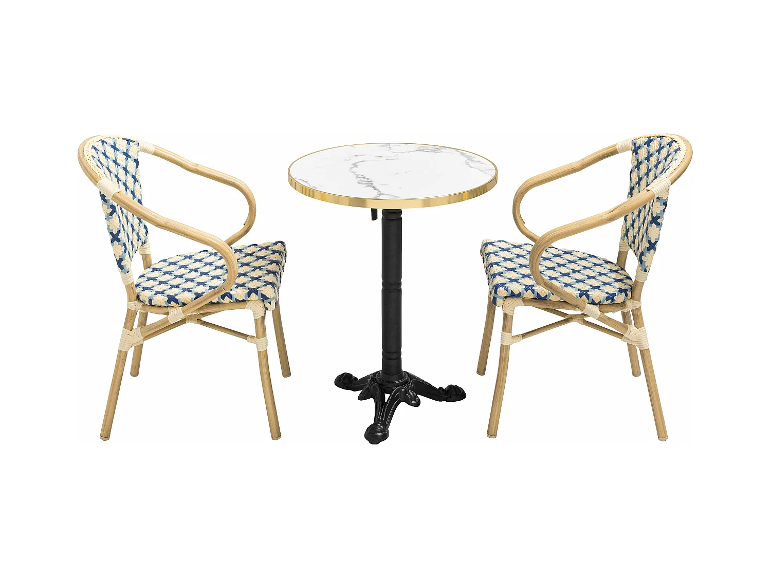 Ensemble table de terrasse marbre blanc et 2 chaises bleu