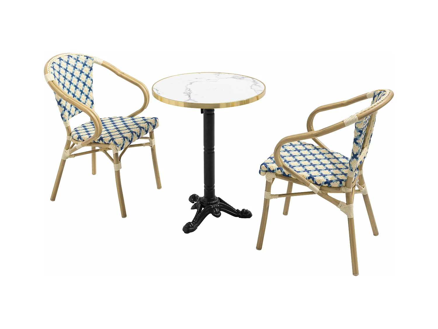 Ensemble table de terrasse marbre blanc et 2 chaises bleu