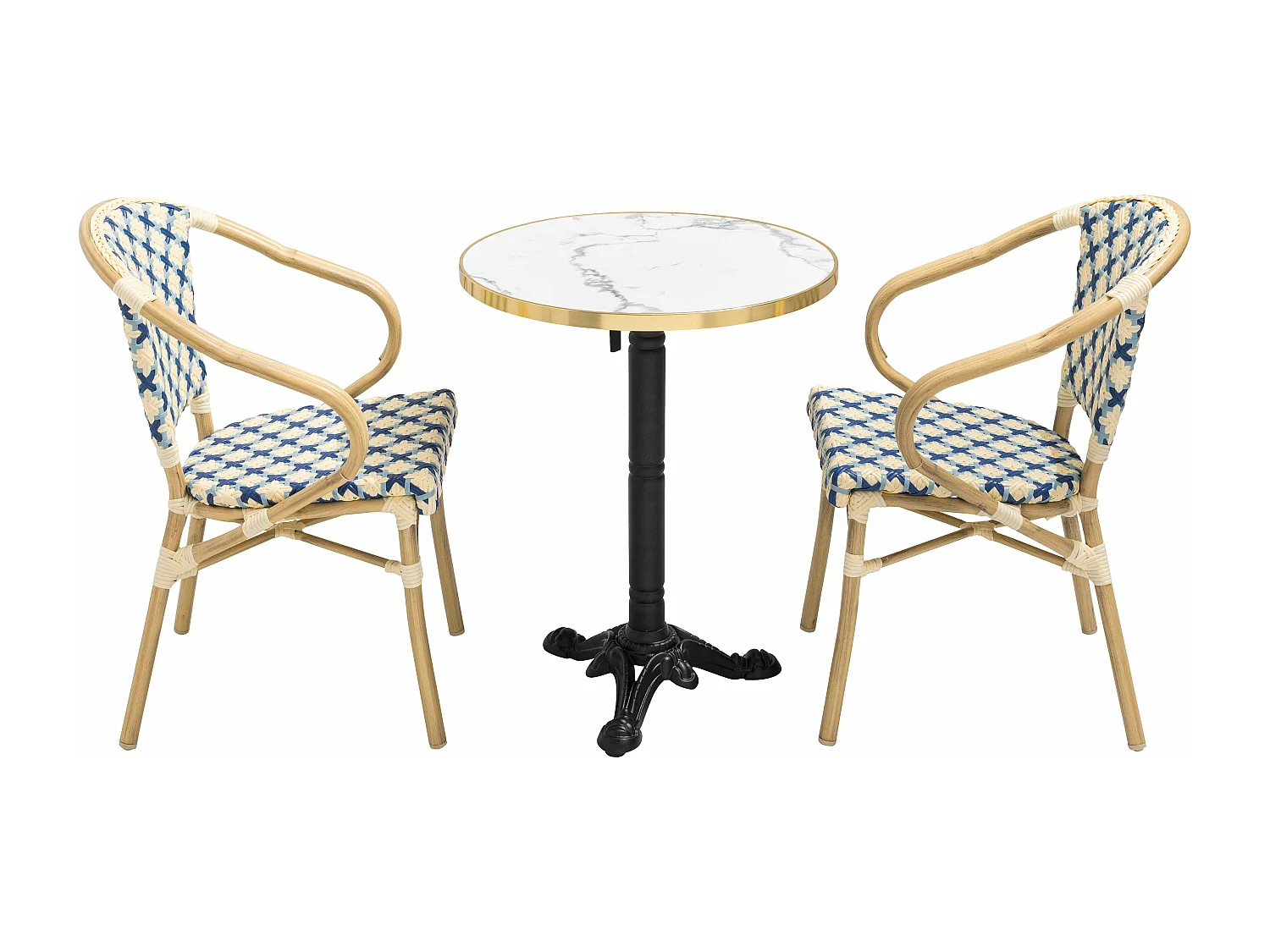 Ensemble table de terrasse marbre blanc et 2 chaises bleu