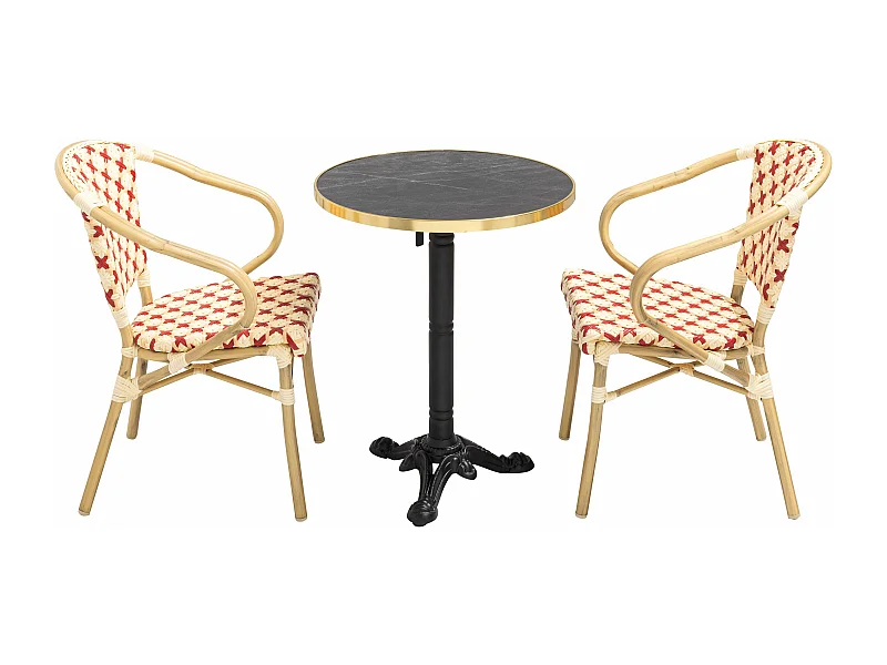Ensemble table de terrasse marbre noir et 2 chaises rouge