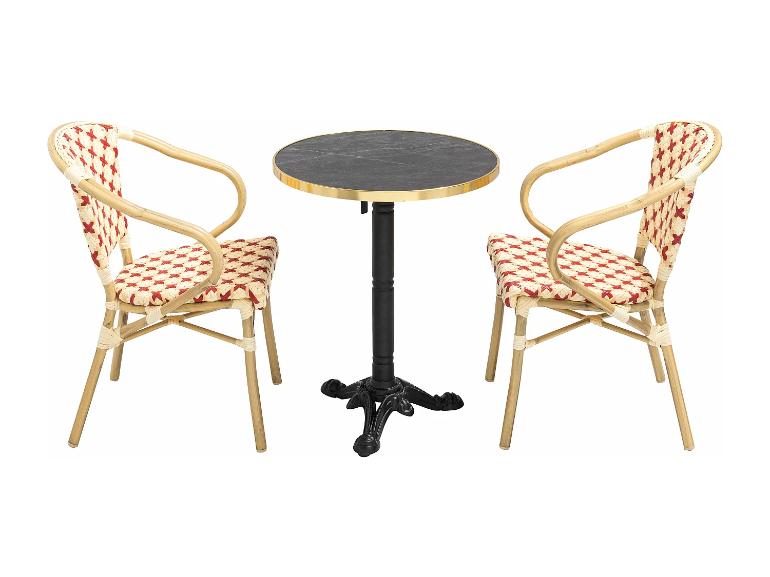 Ensemble table de terrasse marbre noir et 2 chaises rouge