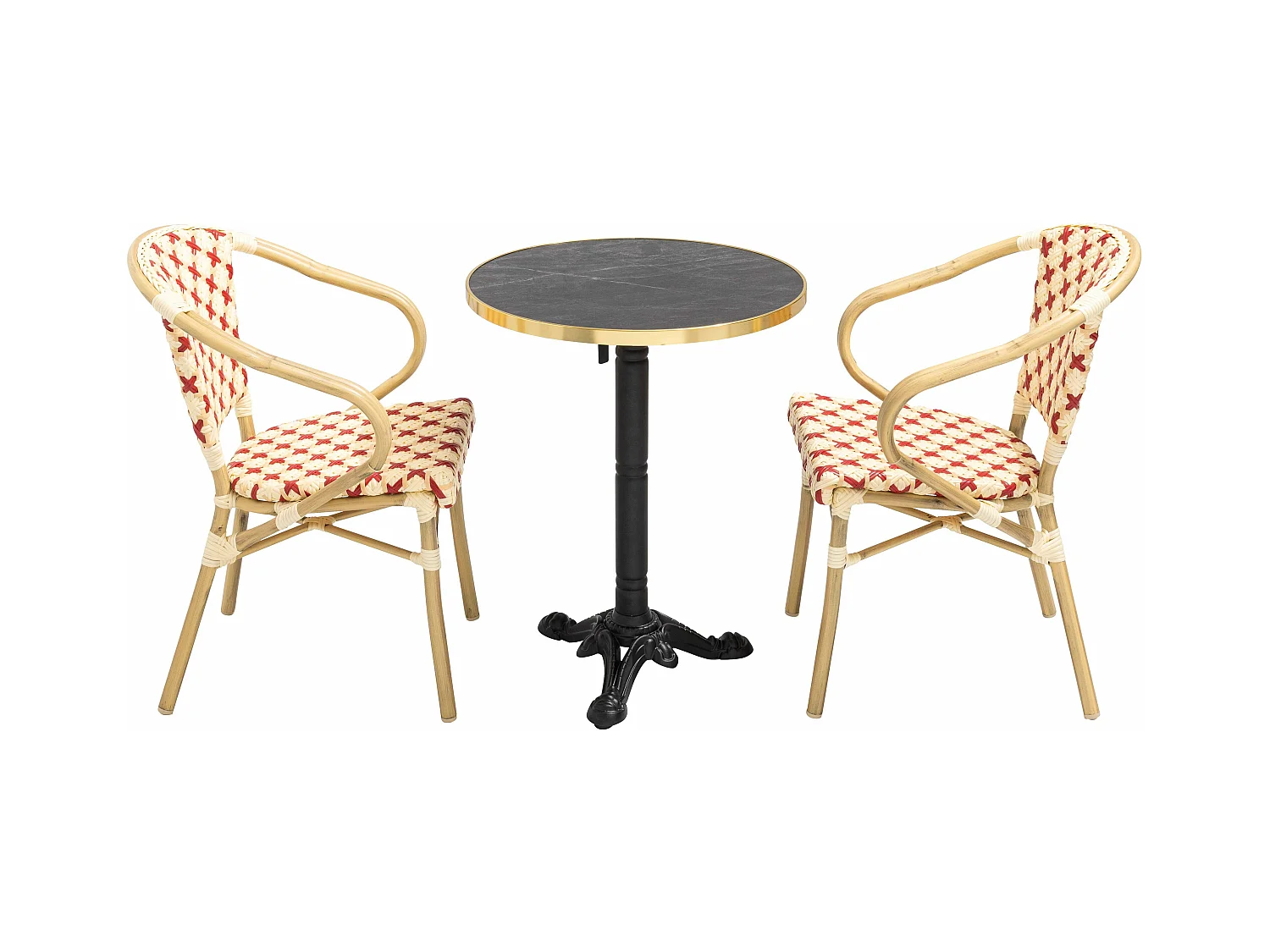 Ensemble table de terrasse marbre noir et 2 chaises rouge