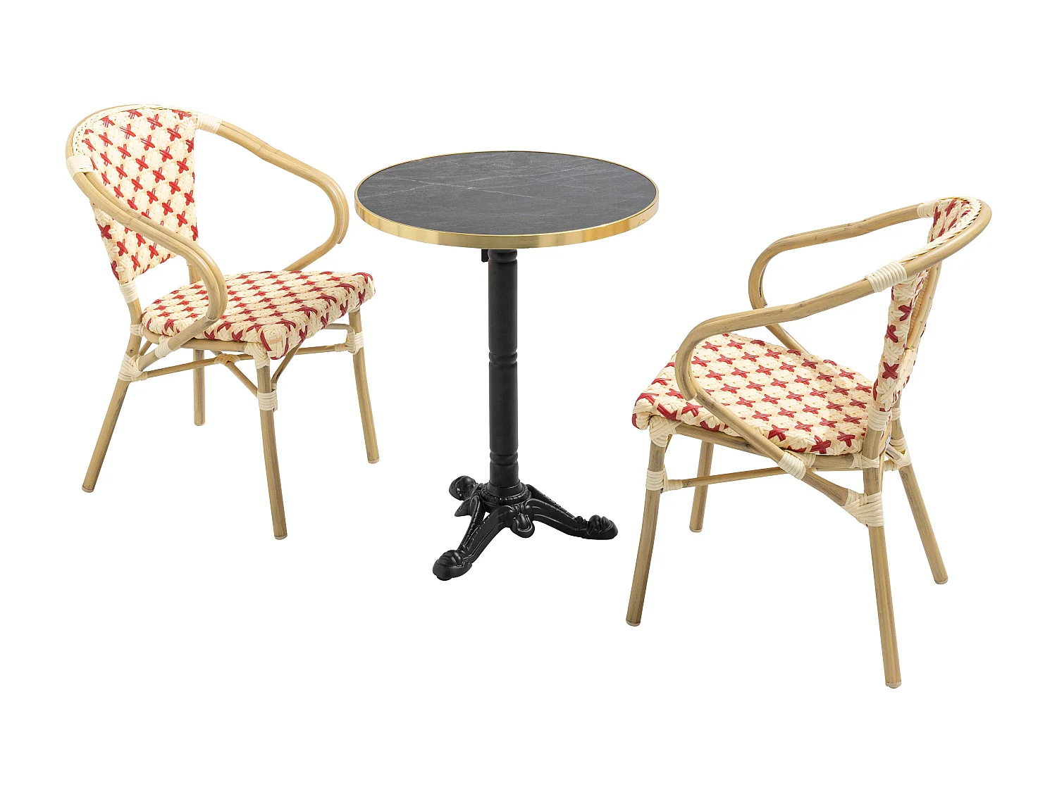 Ensemble table de terrasse marbre noir et 2 chaises rouge