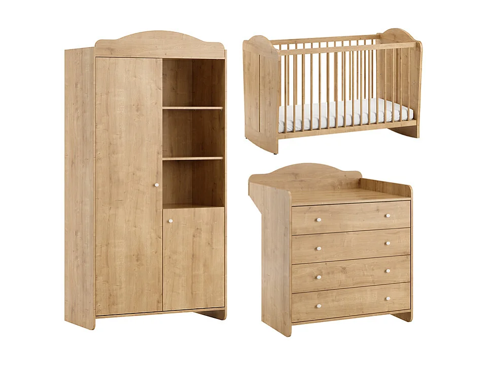 Chambre complète lit bébé 60x120 commode à langer et armoire 2 portes Megeve Bois