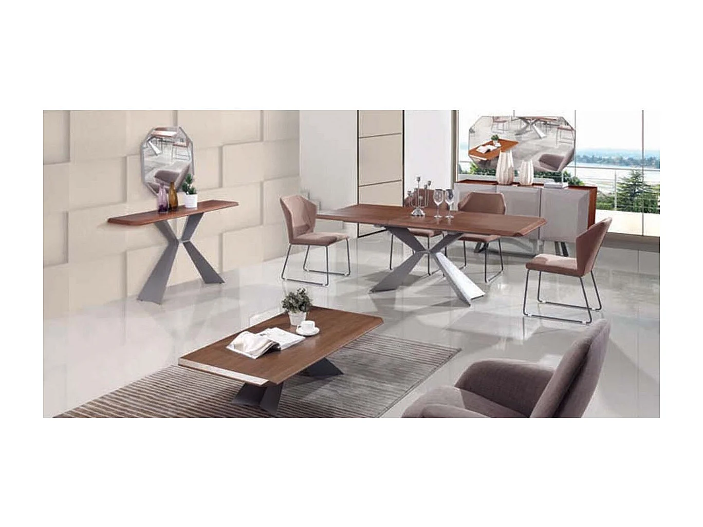 Buffet laqué/bois NOOR - Gris/Taupe/Noyer