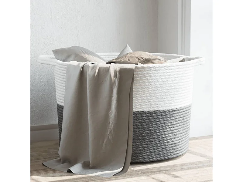 Panier à linge gris et blanc Ø55x36 cm coton
