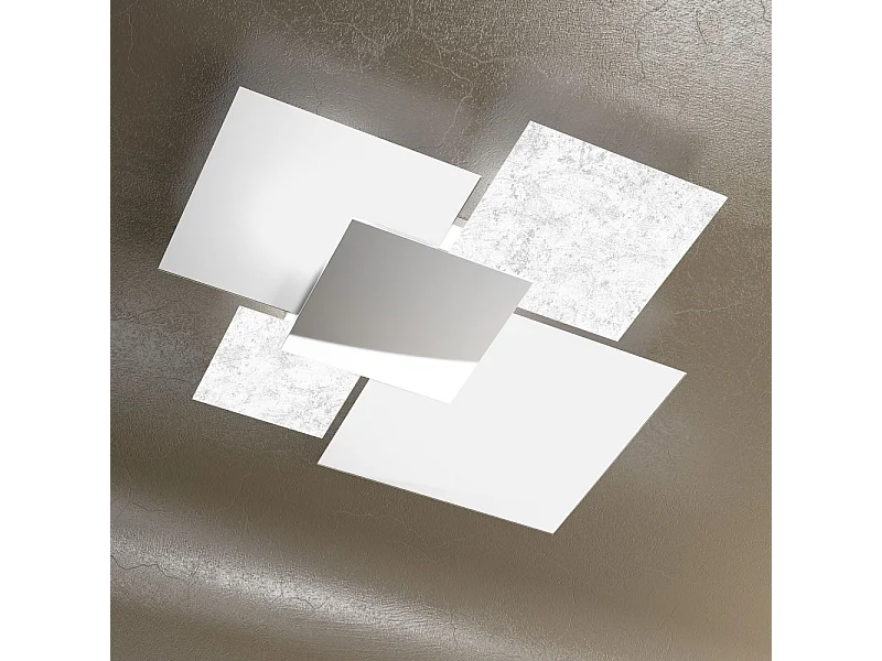 Moderne Deckenleuchte 1088/90-FA aus weißem Glas und Blattsilber 4xE27