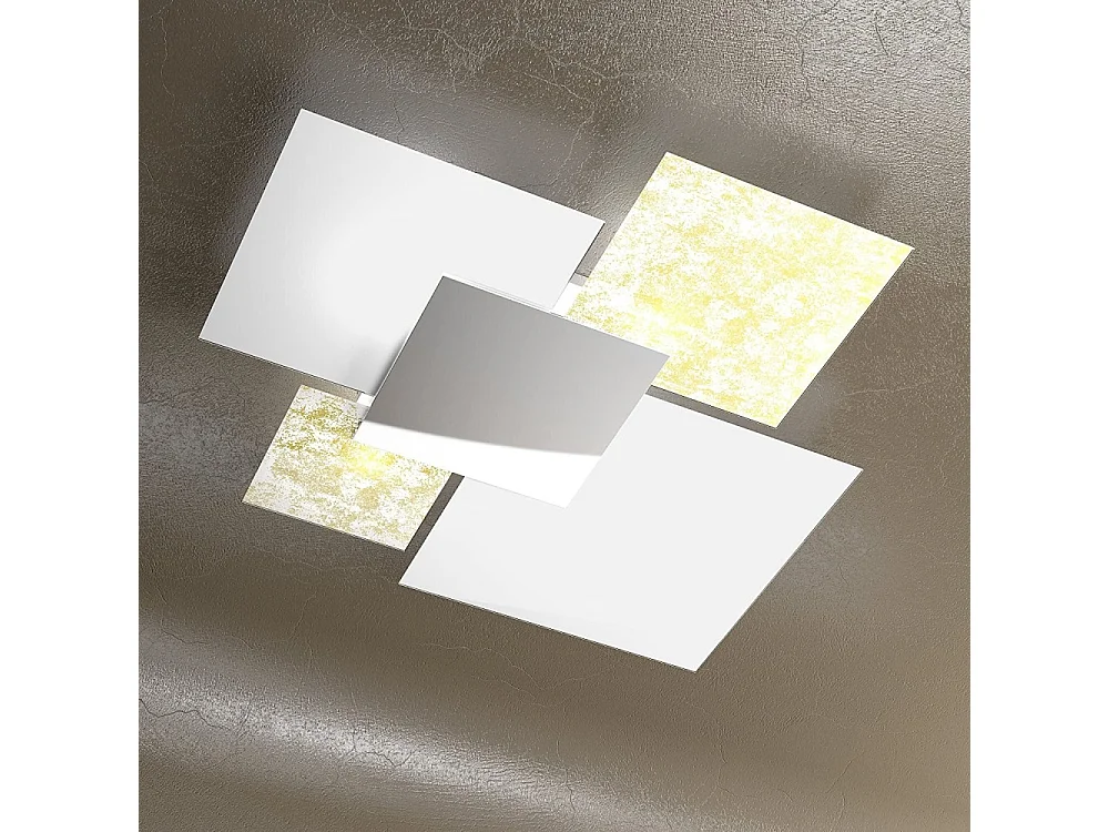 Moderne Deckenleuchte 1088/90-FO aus weißem Glas und Blattgold 4xE27