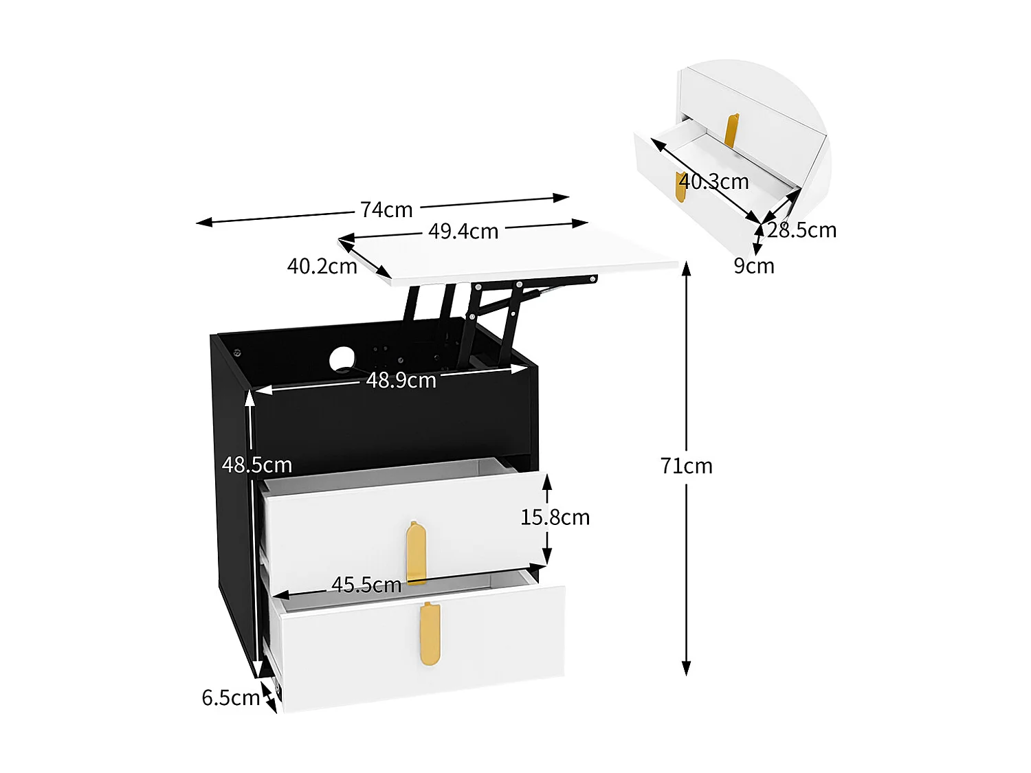 Nachttisch mit USB-Ladeanschluss, Hubtisch, abnehmbare Rollen, zwei Schubladen, schwarz + weiß.