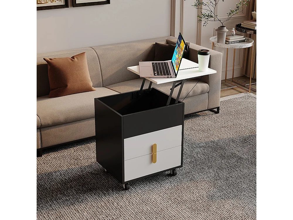 Table de chevet avec port de charge USB, table relevable, poulies amovibles, deux tiroirs, noir + blanc