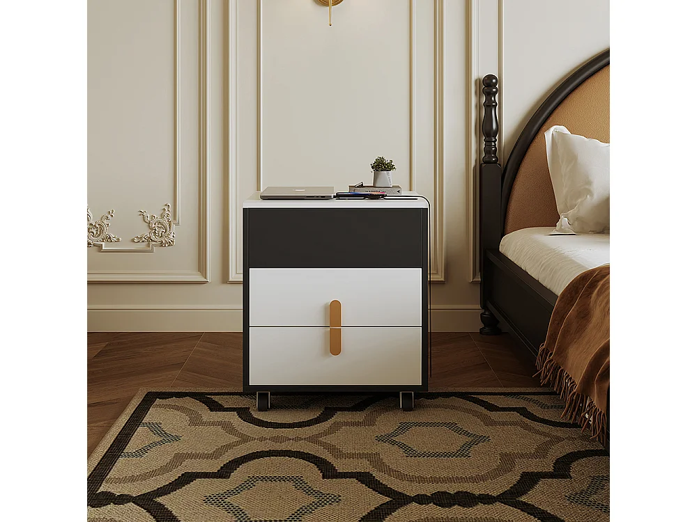 Table de chevet avec port de charge USB, table relevable, poulies amovibles, deux tiroirs, noir + blanc
