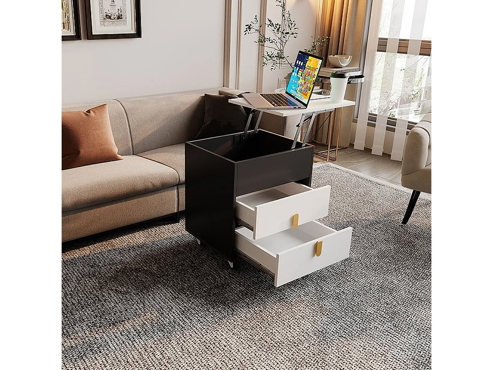 Table de chevet avec port de charge USB, table relevable, poulies amovibles, deux tiroirs, noir + blanc