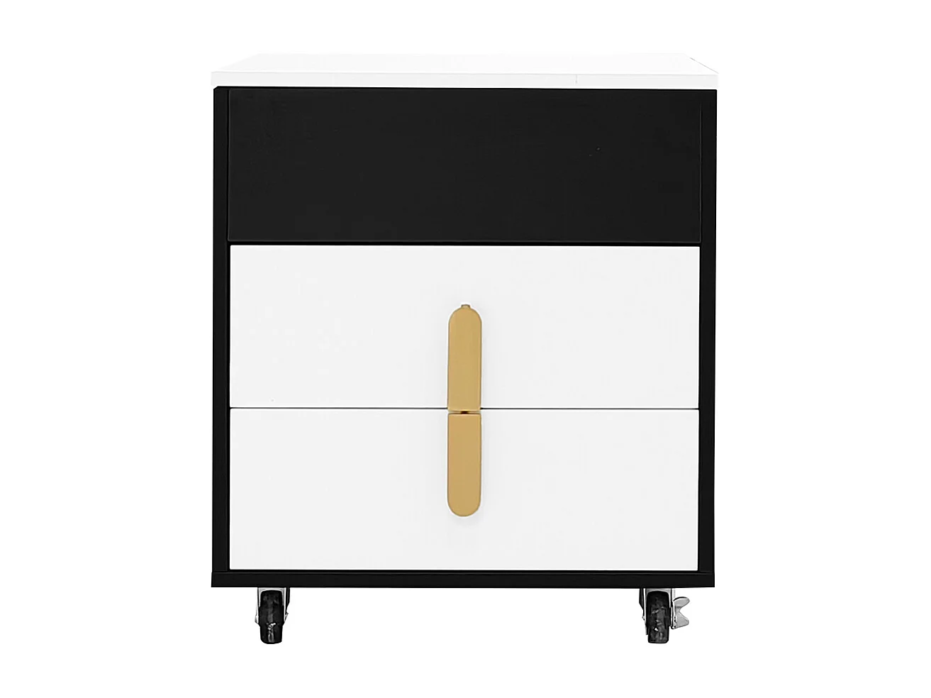 Table de chevet avec port de charge USB, table relevable, poulies amovibles, deux tiroirs, noir + blanc