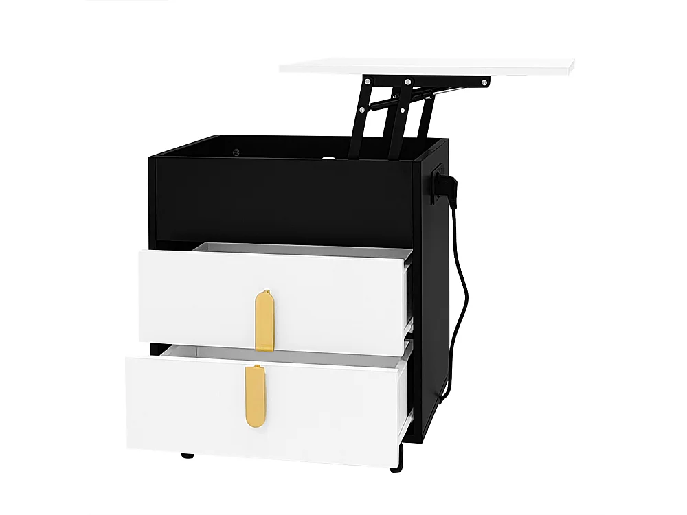 Table de chevet avec port de charge USB, table relevable, poulies amovibles, deux tiroirs, noir + blanc