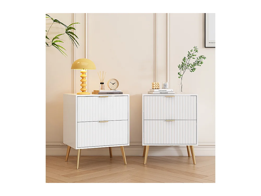 Comodino moderno con gambe e maniglie dorate, set di 2 con 2 cassetti, 50L*40D*63H cm, bianco