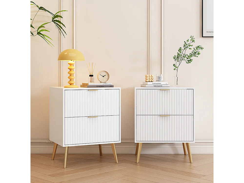 Mesa de cabeceira moderna com pernas e pegas douradas, conjunto de 2 com 2 gavetas, 50W*40D*63H cm, branco