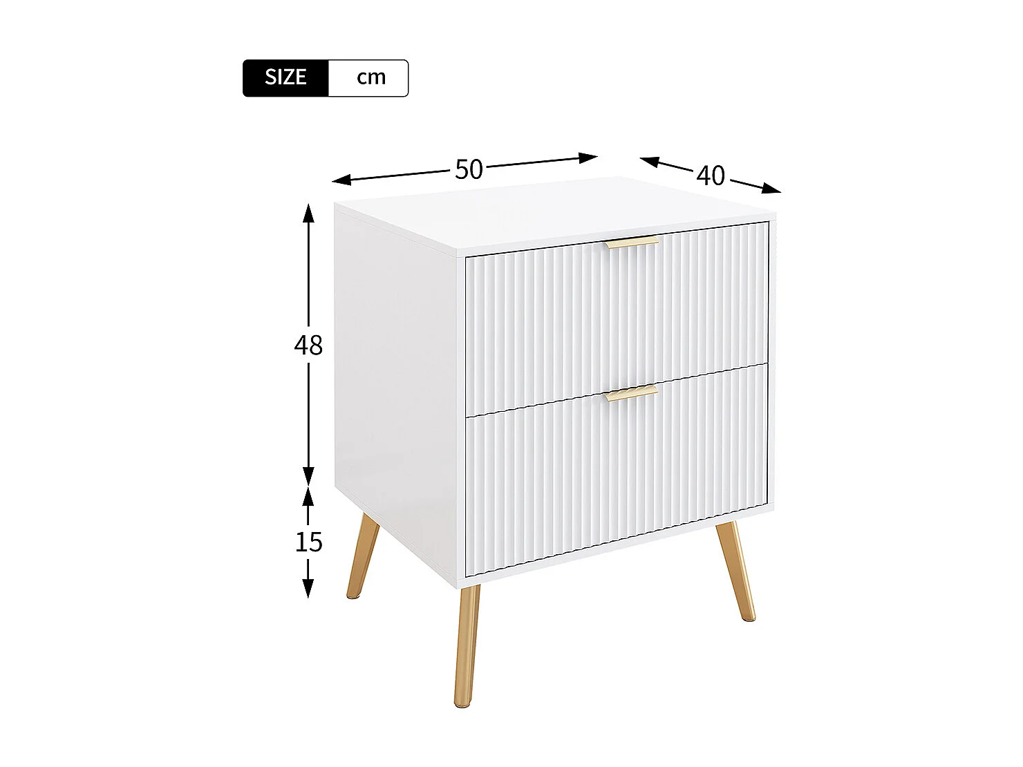 Mesa de cabeceira moderna com pernas e pegas douradas, conjunto de 2 com 2 gavetas, 50W*40D*63H cm, branco