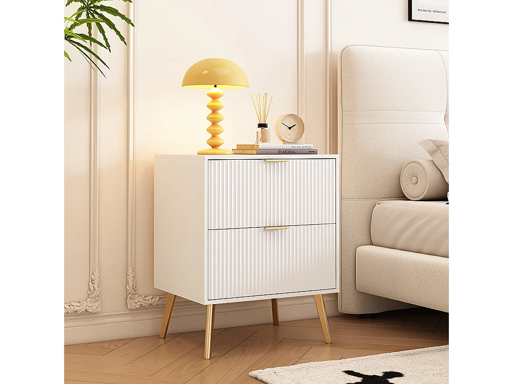 Mesa de cabeceira moderna com pernas e pegas douradas, conjunto de 2 com 2 gavetas, 50W*40D*63H cm, branco