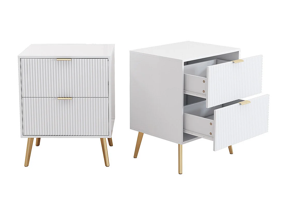 Mesa de cabeceira moderna com pernas e pegas douradas, conjunto de 2 com 2 gavetas, 50W*40D*63H cm, branco