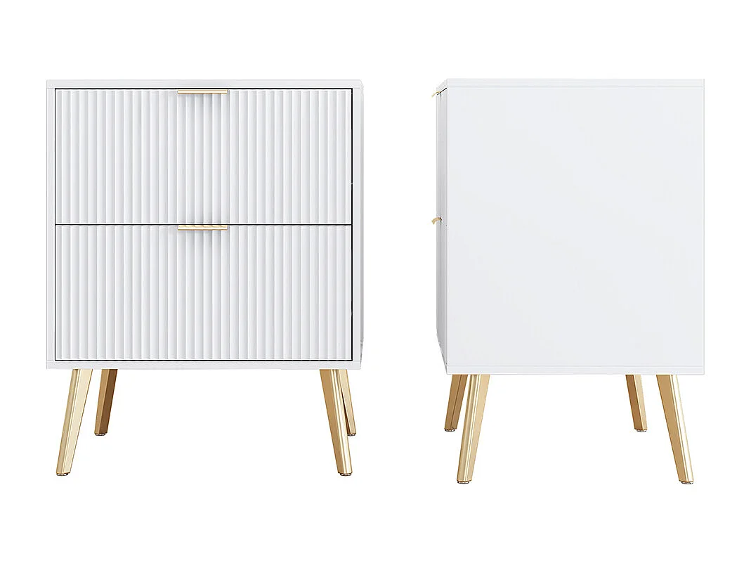 Mesa de cabeceira moderna com pernas e pegas douradas, conjunto de 2 com 2 gavetas, 50W*40D*63H cm, branco