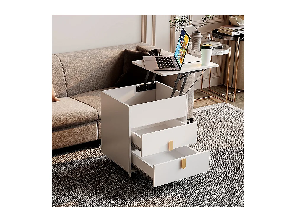 Mesa de cabeceira com porta de carregamento USB, incl. mesa elevatória, design de roldana móvel, duas gavetas, branco