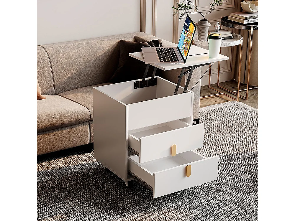 Mesa de cabeceira com porta de carregamento USB, incl. mesa elevatória, design de roldana móvel, duas gavetas, branco