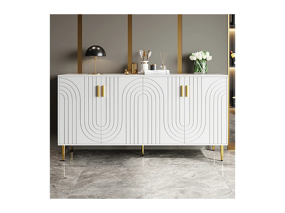 Buffet blanc (152 x 40 x 75 cm) avec design unique en forme de vague, poignées et pieds dorés