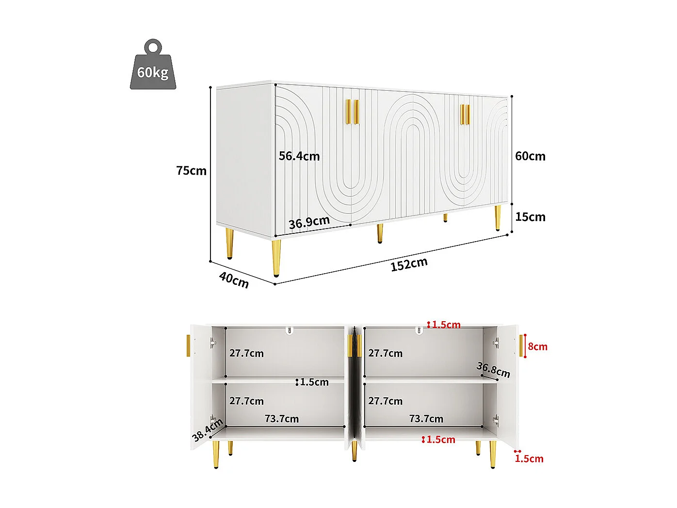 Witte buffetkast (152 x 40 x 75 cm) met uniek golfvormig design, gouden handgrepen en pootjes