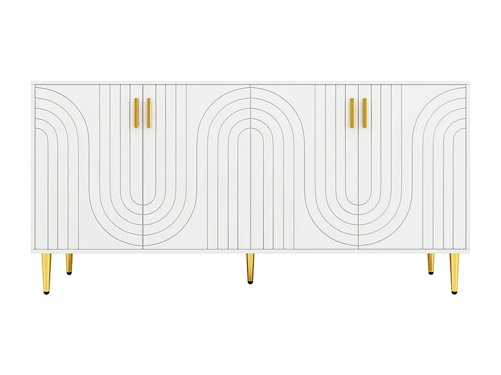 Witte buffetkast (152 x 40 x 75 cm) met uniek golfvormig design, gouden handgrepen en pootjes