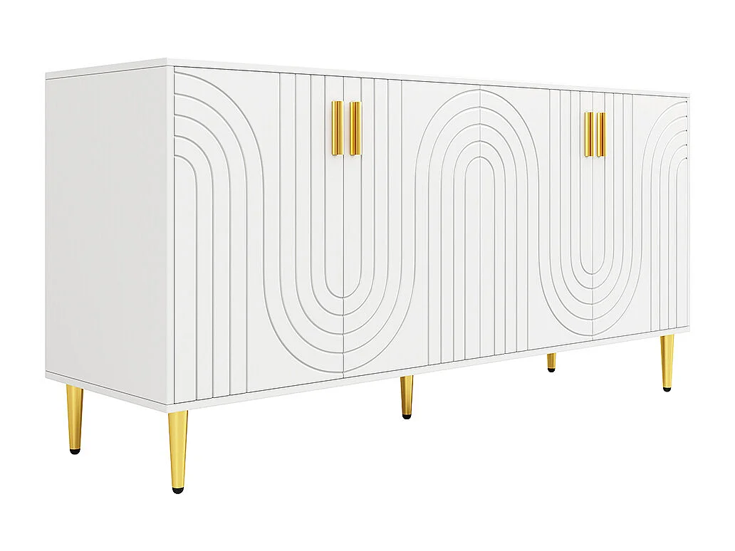 Witte buffetkast (152 x 40 x 75 cm) met uniek golfvormig design, gouden handgrepen en pootjes