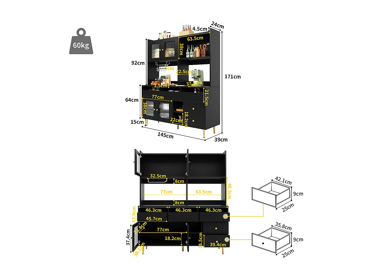 Aparador para sala de jantar (145 x 39 x 171 cm), com portas compridas em vidro arco-íris, suporte para copos de vinho, preto discreto com pormenores dourados