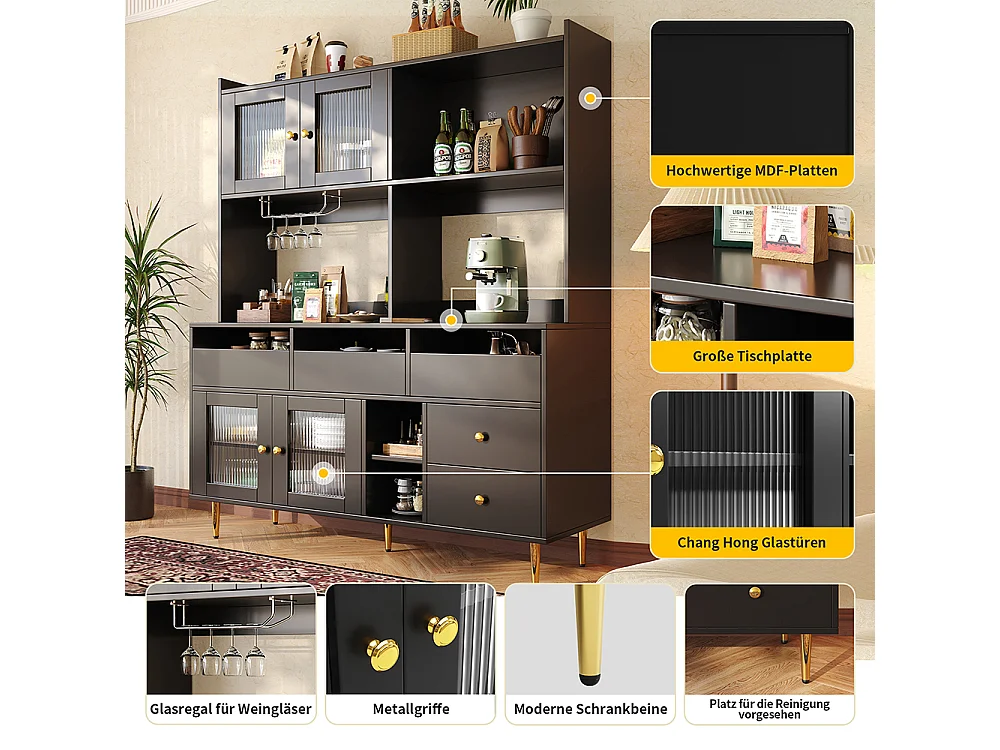 Aparador para sala de jantar (145 x 39 x 171 cm), com portas compridas em vidro arco-íris, suporte para copos de vinho, preto discreto com pormenores dourados