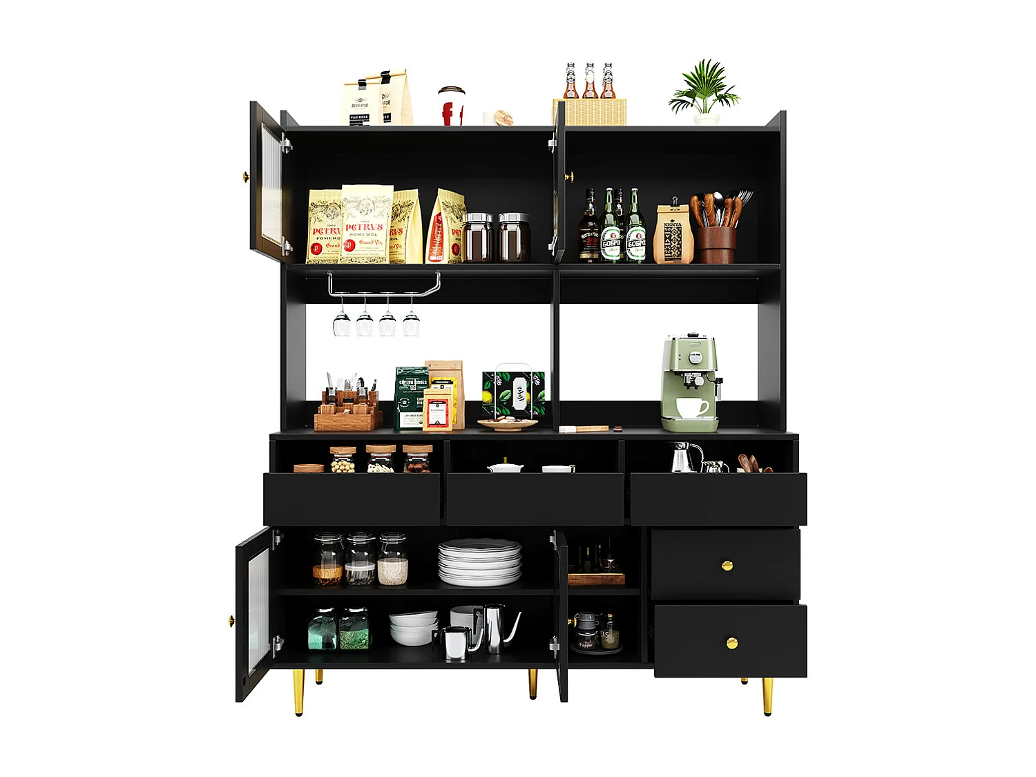 Aparador para sala de jantar (145 x 39 x 171 cm), com portas compridas em vidro arco-íris, suporte para copos de vinho, preto discreto com pormenores dourados
