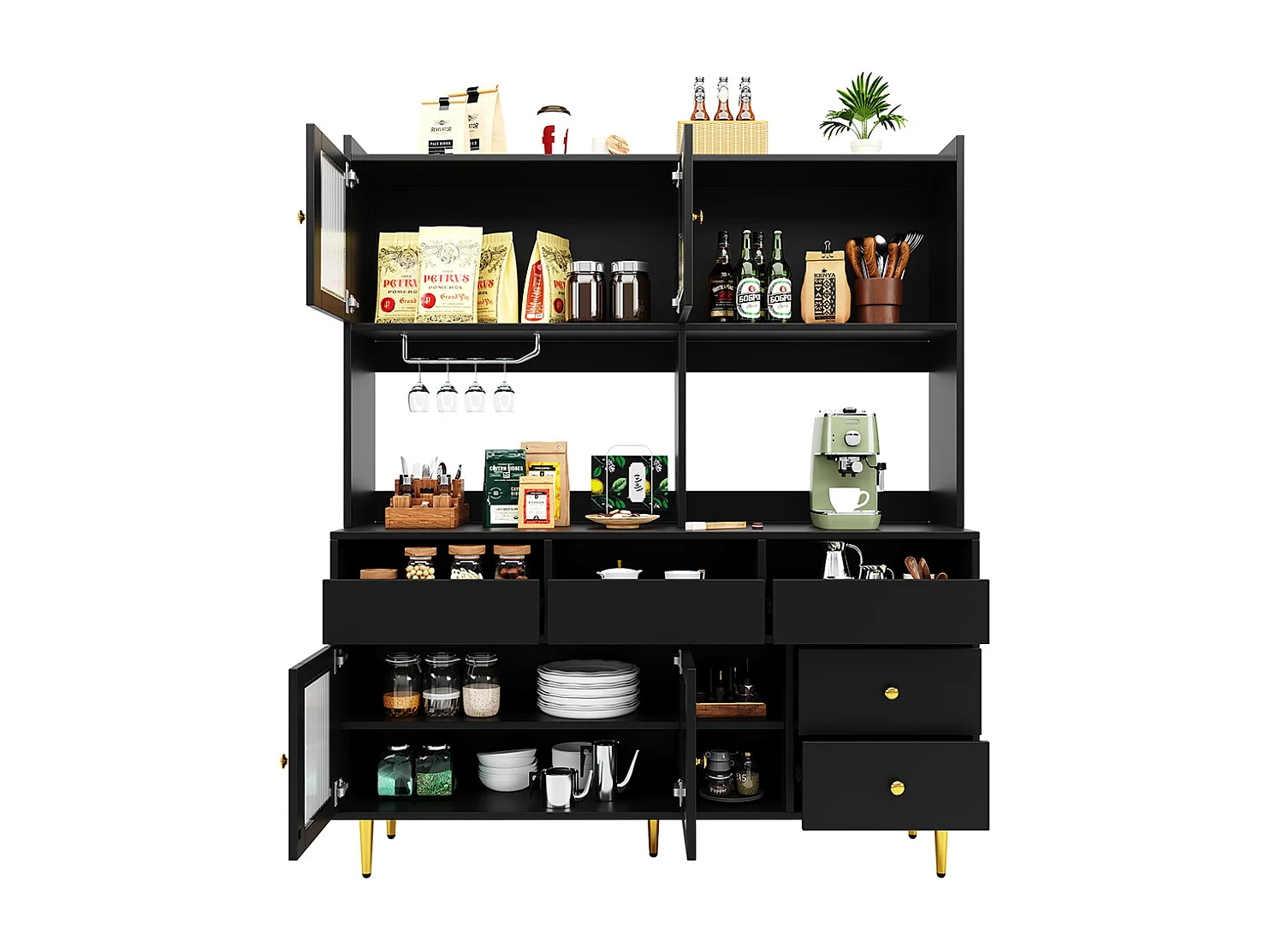 Aparador para sala de jantar (145 x 39 x 171 cm), com portas compridas em vidro arco-íris, suporte para copos de vinho, preto discreto com pormenores dourados