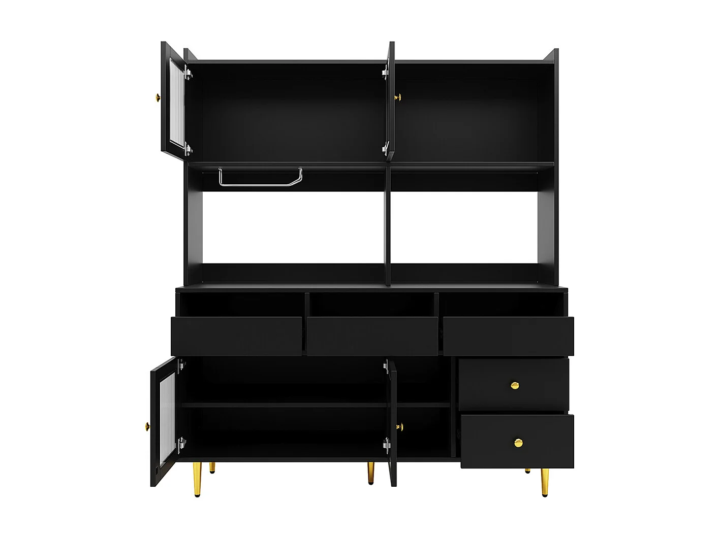 Aparador para sala de jantar (145 x 39 x 171 cm), com portas compridas em vidro arco-íris, suporte para copos de vinho, preto discreto com pormenores dourados