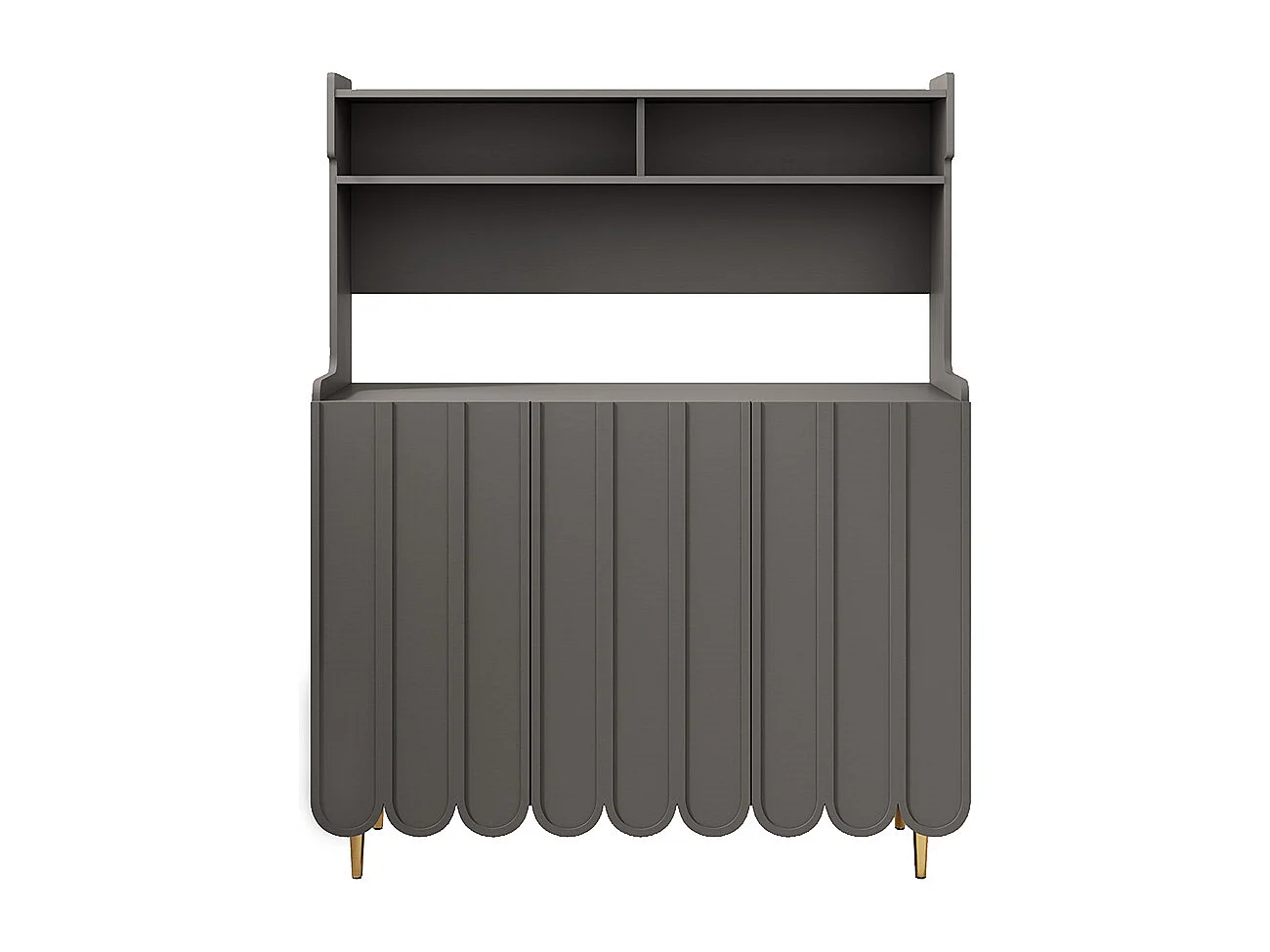 Graues Sideboard (120 x 40 x 151 cm), Küchensideboard, minimalistischer moderner Stil, offene Regale.