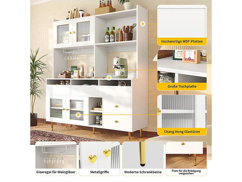 Aparador para sala de jantar (145 x 39 x 171 cm), com portas de vidro arco-íris, suporte para copos de vinho, branco elegante com detalhes dourados