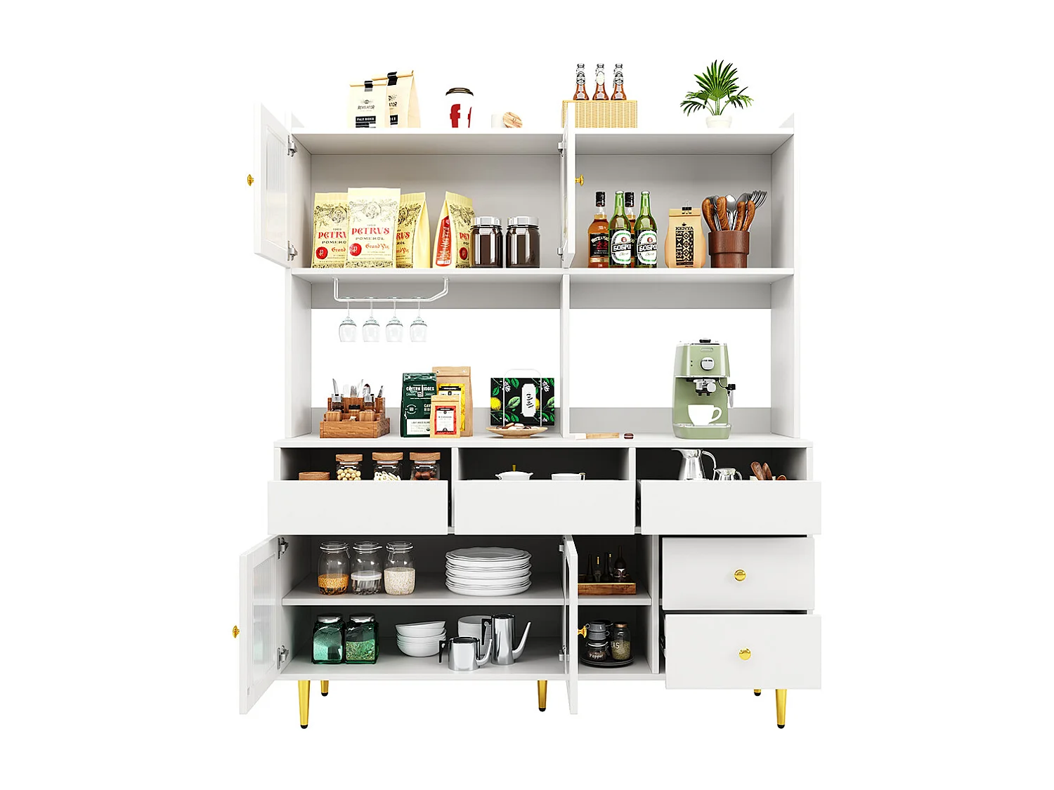 Aparador para sala de jantar (145 x 39 x 171 cm), com portas de vidro arco-íris, suporte para copos de vinho, branco elegante com detalhes dourados