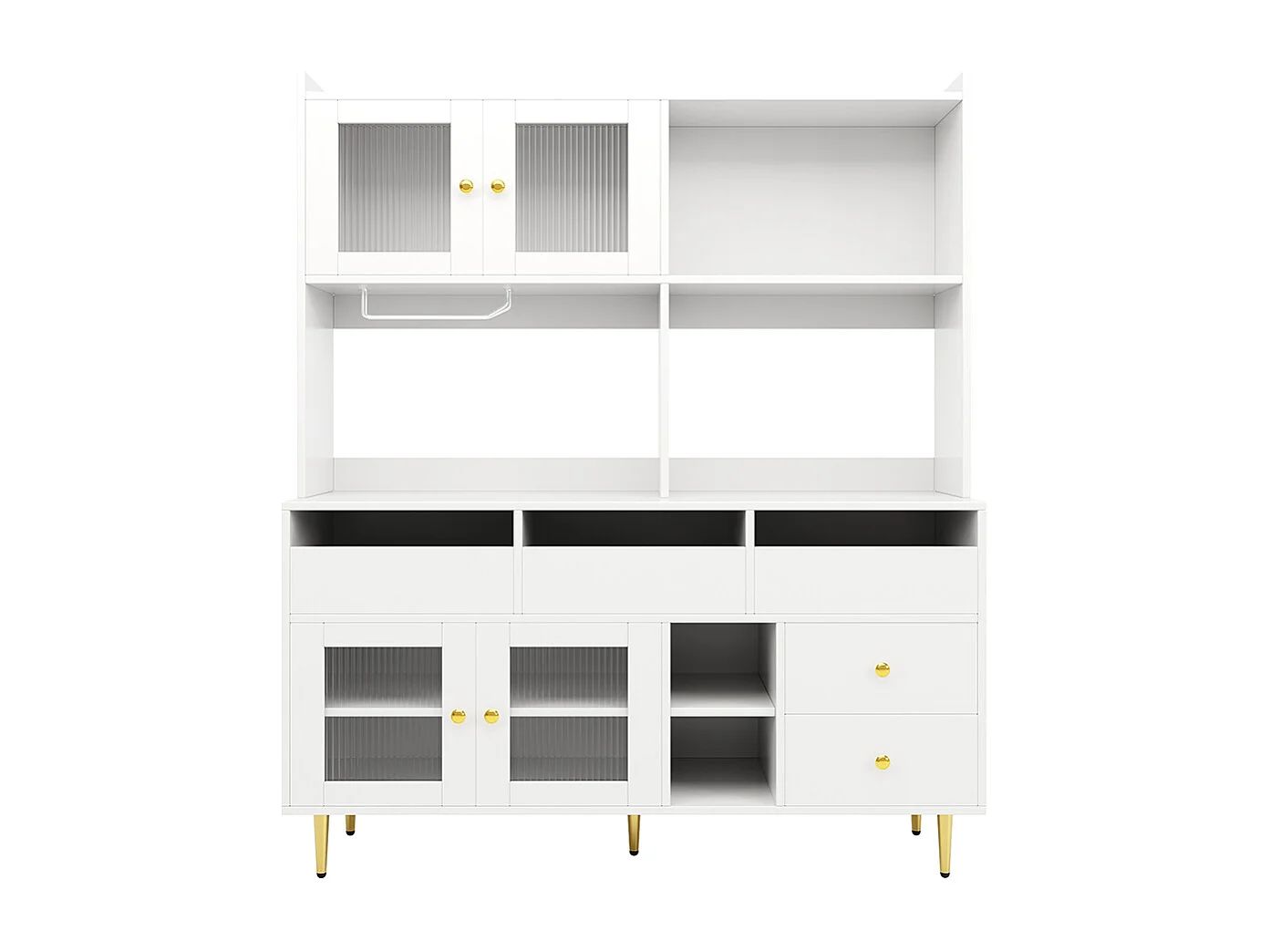 Aparador para sala de jantar (145 x 39 x 171 cm), com portas de vidro arco-íris, suporte para copos de vinho, branco elegante com detalhes dourados