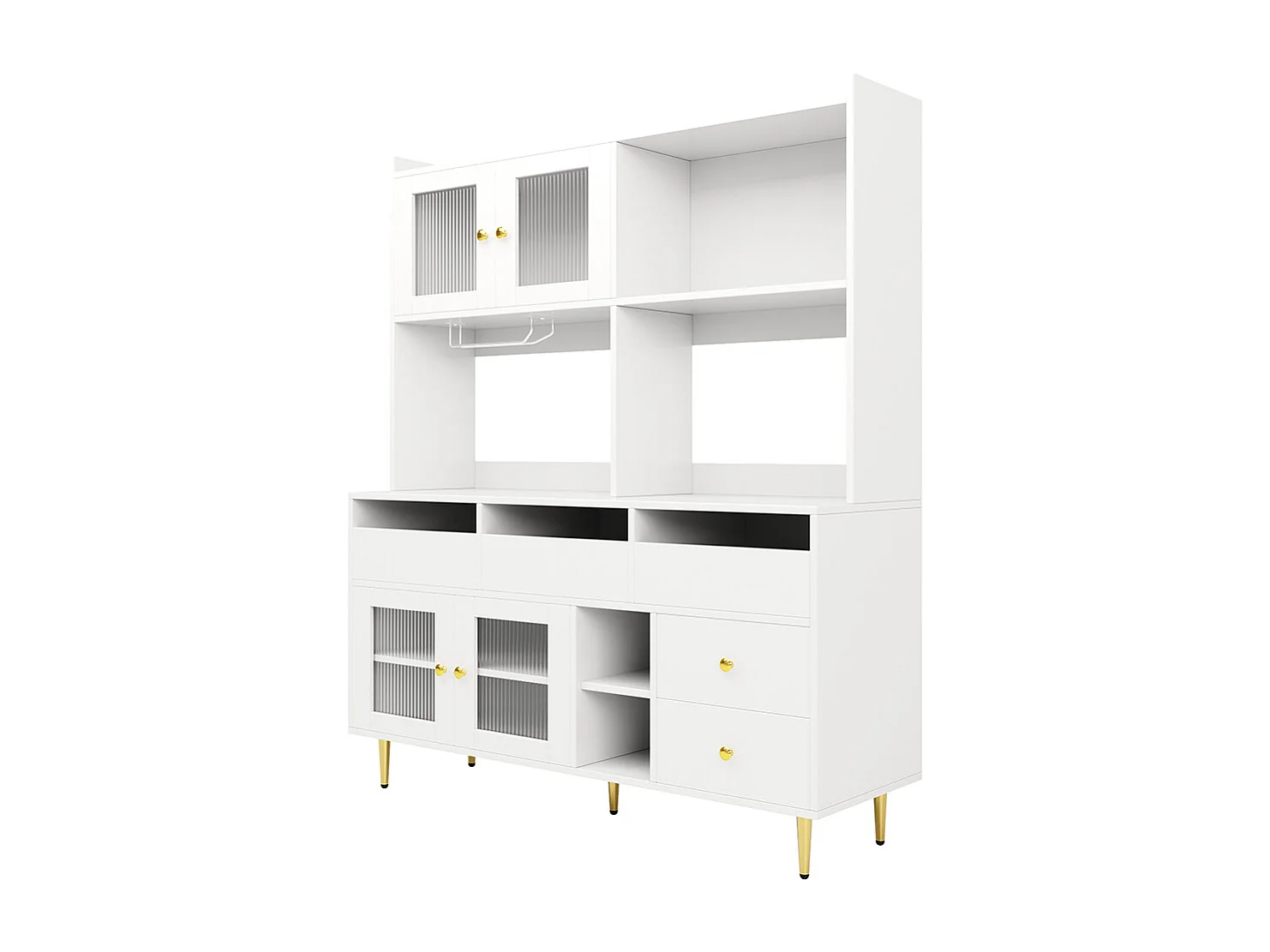 Aparador para sala de jantar (145 x 39 x 171 cm), com portas de vidro arco-íris, suporte para copos de vinho, branco elegante com detalhes dourados
