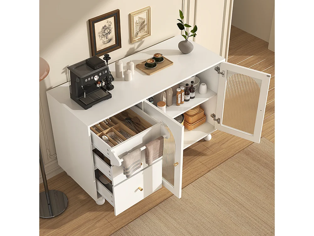 Aparador blanco con puerta de cristal arcoíris larga y estante de toallas, elegante armario