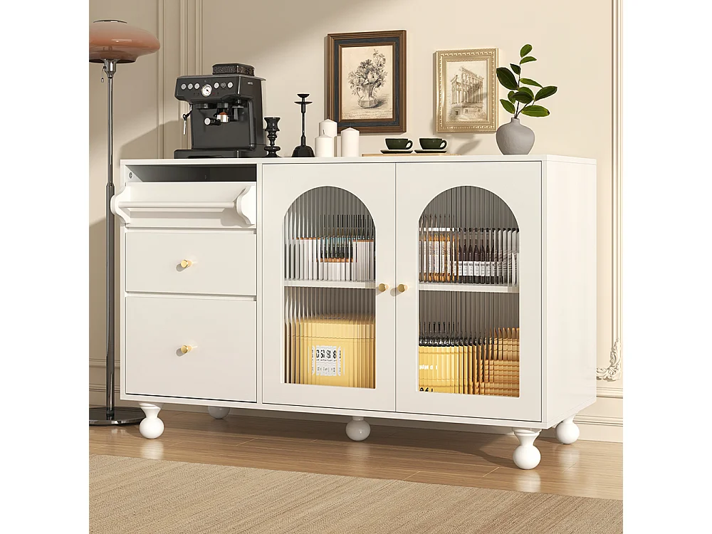 Aparador blanco con puerta de cristal arcoíris larga y estante de toallas, elegante armario