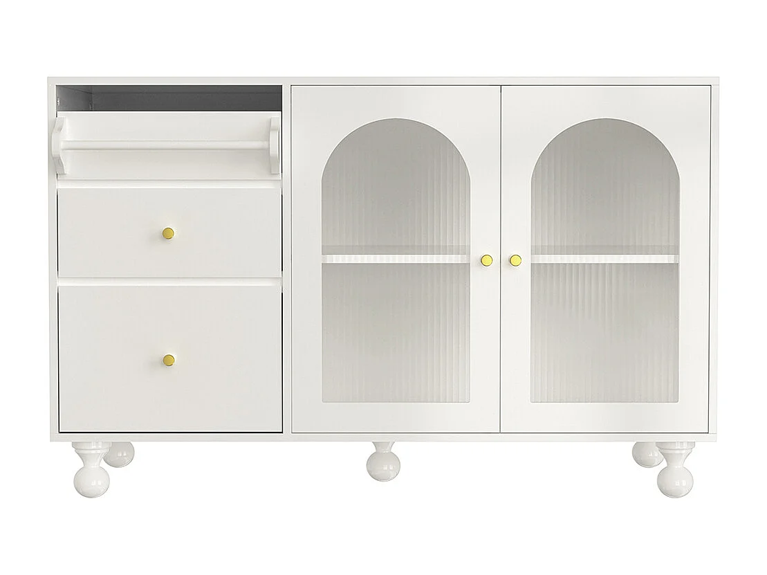 Aparador blanco con puerta de cristal arcoíris larga y estante de toallas, elegante armario