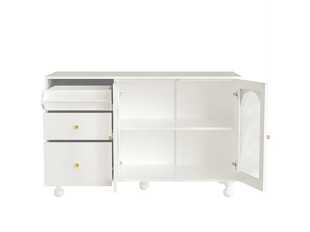 Aparador blanco con puerta de cristal arcoíris larga y estante de toallas, elegante armario